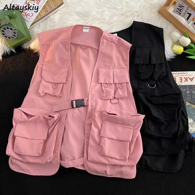 Vests Women Solid Pockets All-match Special Unisex Simple Cool Japanese Style Leisure Vintage Attractive Spring Students Young