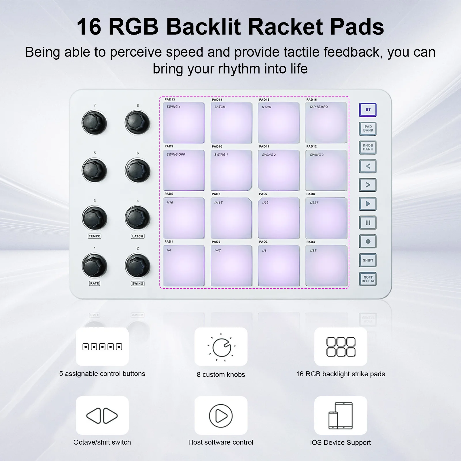 M-VAVE MIDI Controller Strike Pad RGB Backlight MIDI Keyboard BT Connection Low Latency 3.5mm Output Interface