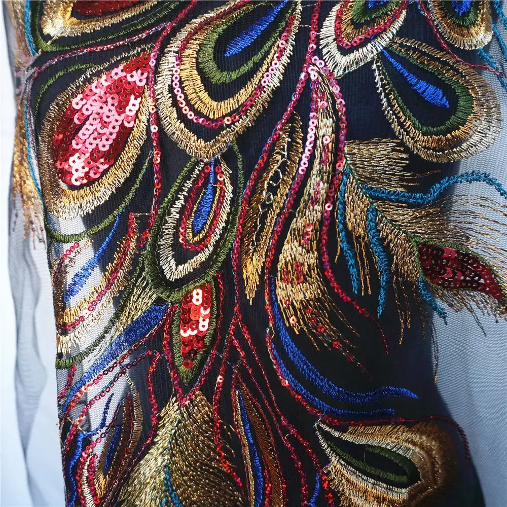 Gold Blue Red Sequin Peacock Phoenix Feather Lace Fabric Black Mesh Embroidered Gown Appliques Sew Patch For Wedding Decoration