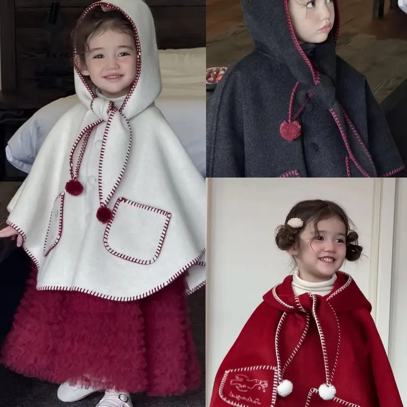 

Girls Coat Christmas Cloak 2025 Autumn and Winter New Fashion Girls Hooded Warm Red Coat Children Clothing