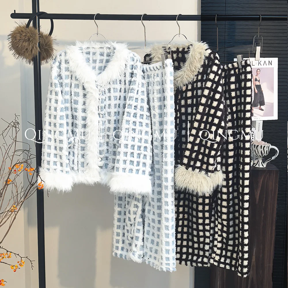 

Winter New Thick Warm Plush Women's Sleepwear Trouser Pajamas Set Suits Homewear Lounge Wear Luxury Fur Collar Pijama Pjs
