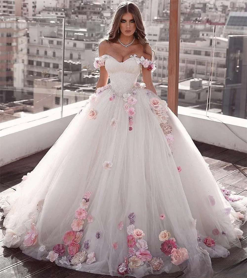 Off Shoulder Bloemen Prom Baljurk Kralen Quinceanera Jurk Veteraan Rug Luxe Geplooide Tule Sweet 15 Feestjurken