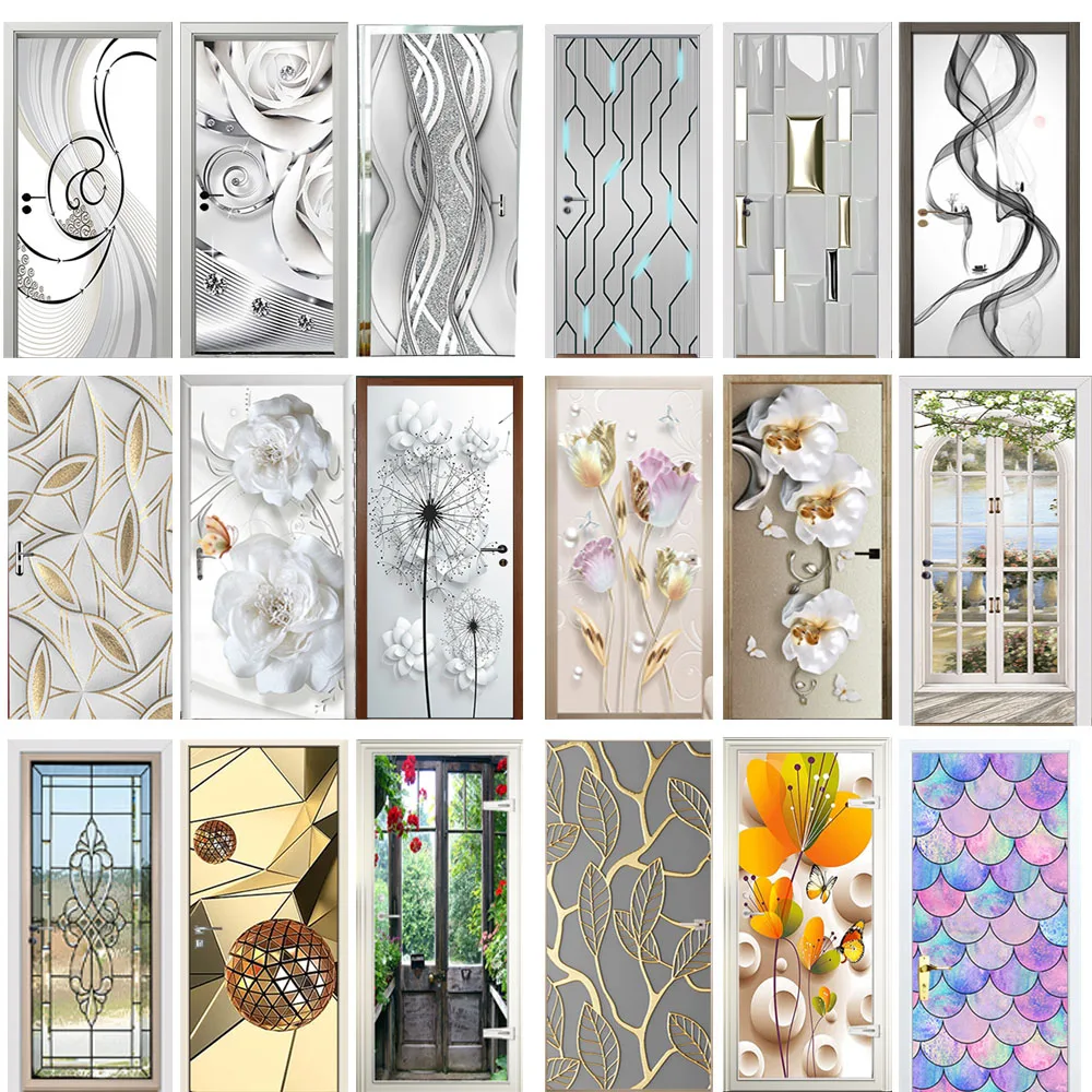 

Modern Door Sticker Simulate Glass Pattern Geometric Self Adhesive Flower Wall Sticker Waterproof Washing Room Home Decor Decal