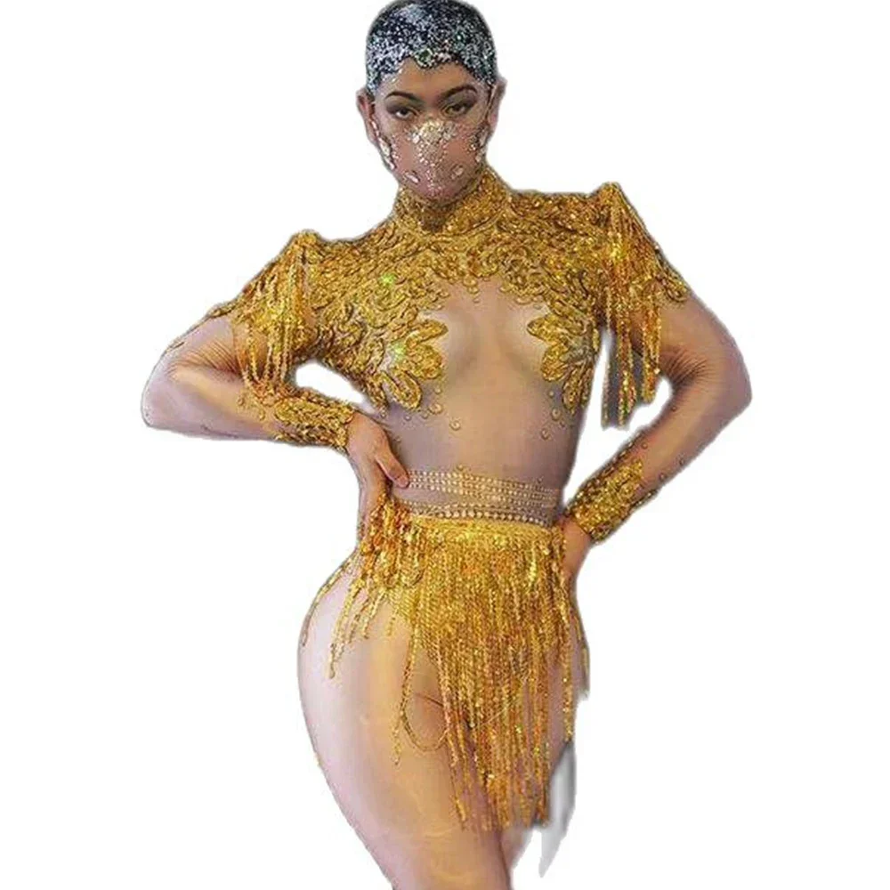

Women Sparkling Rhinestones Crystal Stretch Mesh See Though Tassel Bodysuits Nightclub DJ DS Outfit