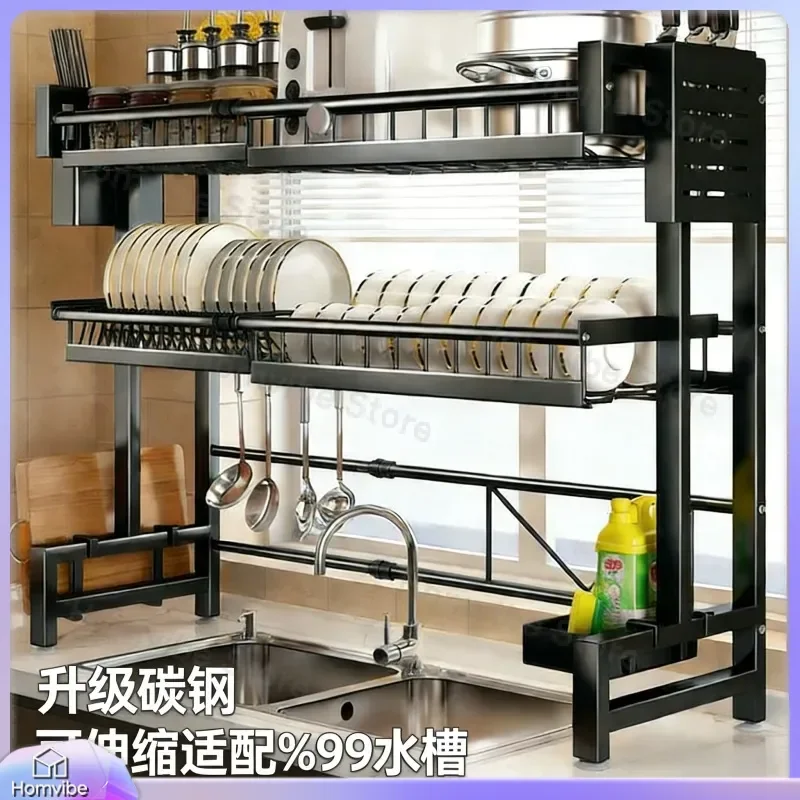 Retractable Kitchen Sink Rack Dish Drainer Bowl Chopsticks Holder Countertop Storage Organizer for Drying Plates Utensils