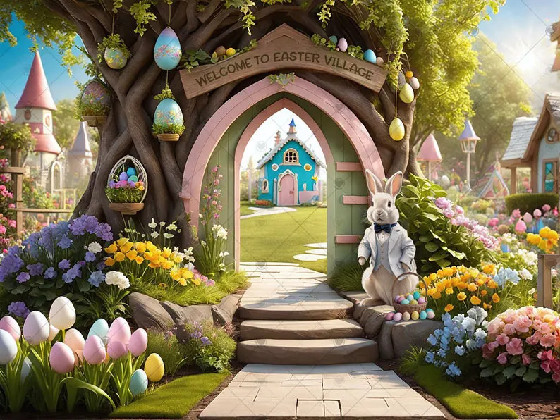 

Spring Easter Village Rabbit Arch Door Road Castle Tulip Flower backdrops festive Photography Studio Backgrounds