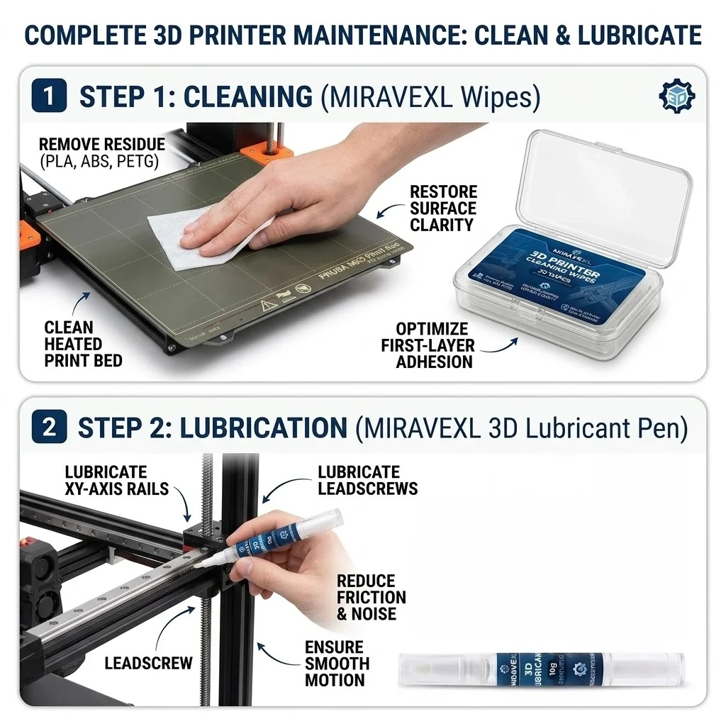 Complete 3D Printer Care Set: MIRAVEXL 10g Lubricant Pen,30 Wipes, Cleaning Needles, Dual Brushes, Nippers, & 10 Deburring Tools