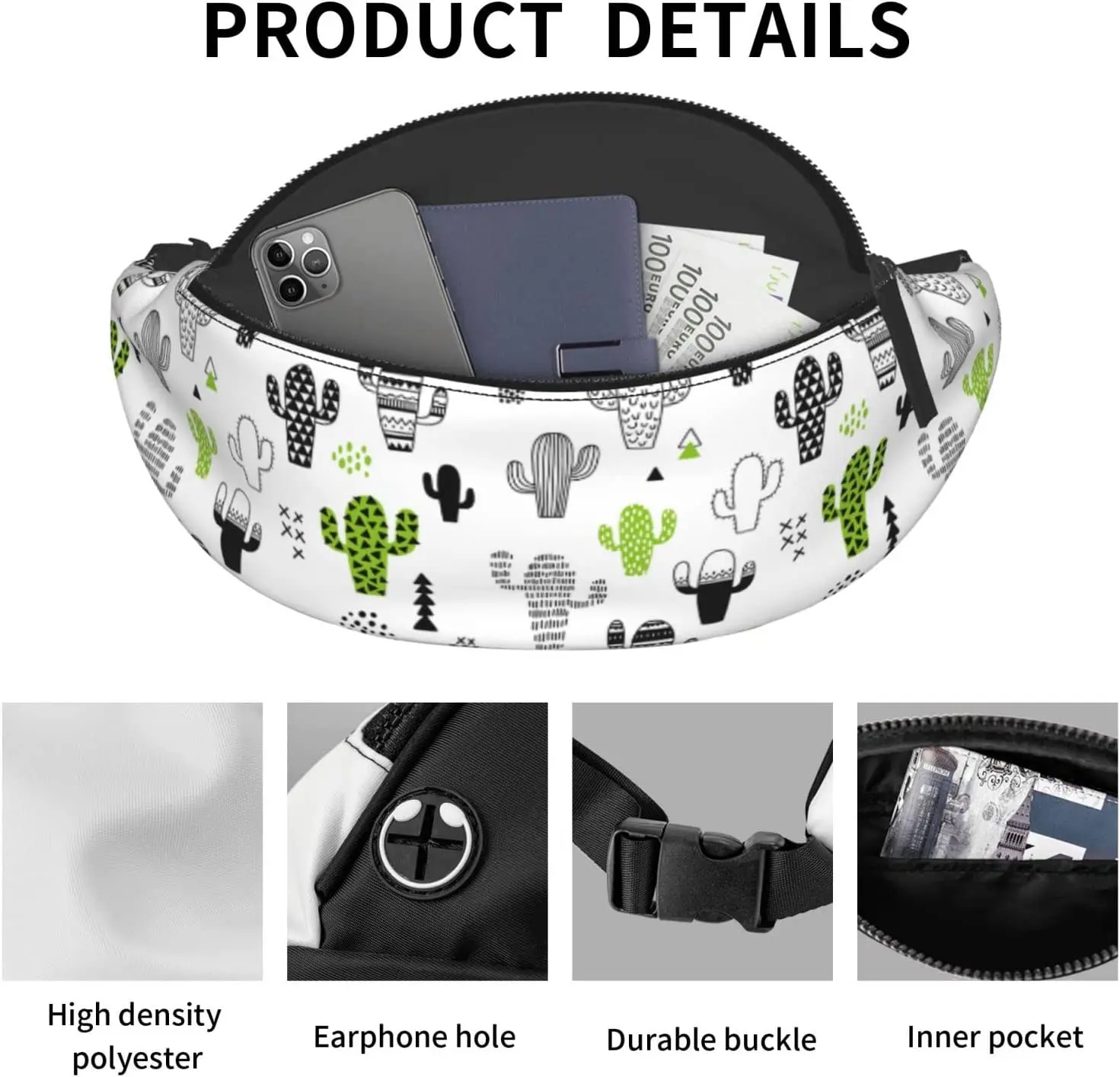 Cute Cactus Fanny Pack for Men Women Adjustable Belt Bag Casual Waist Pack for Travel Party Festival Hiking Running Cycling