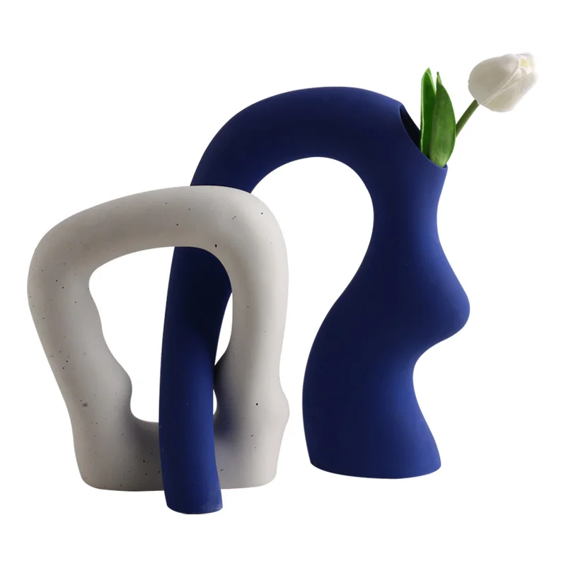 Nordic White Ceramics Modern Creative Matte Vase Blue Flower Art Vases Home Office Living Room Decoration for Housewarming Gift