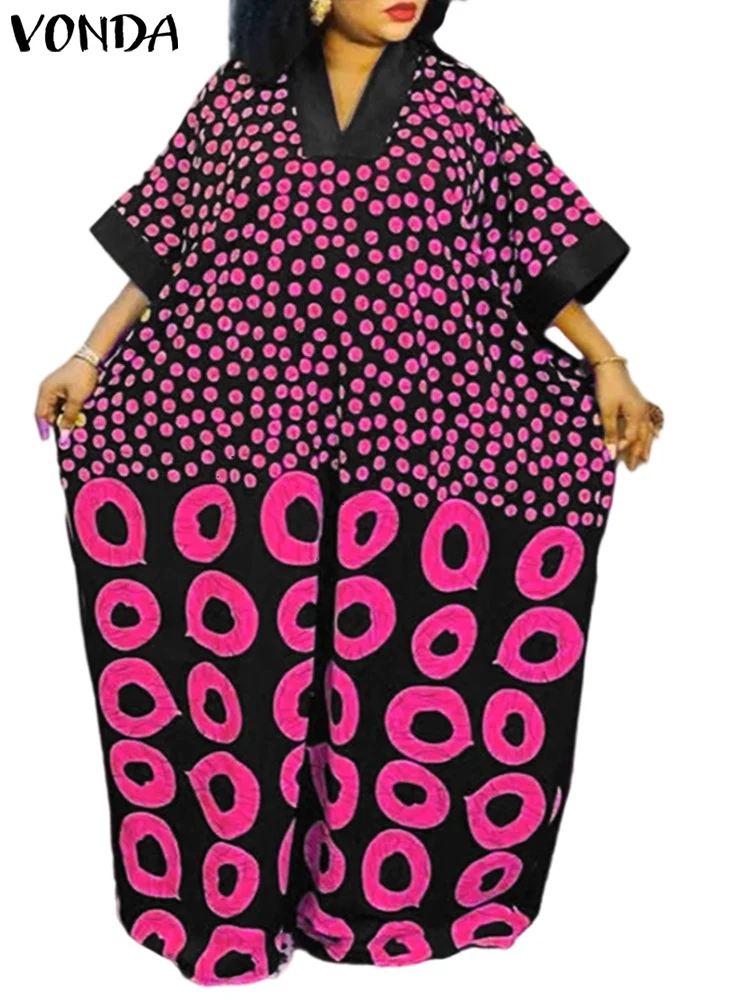 Grande taille VONDA Robe bohème femmes été Maxi longue Robe d'été 2025 Vintage Dot impression Robe col en v décontracté robes amples