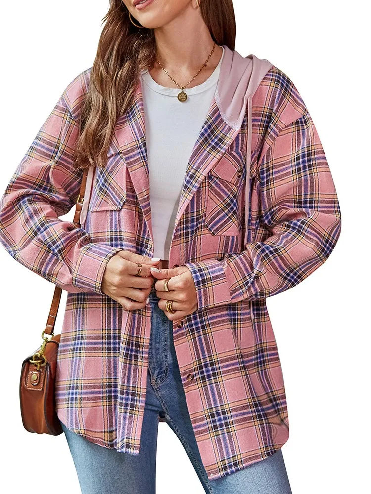 Autumn Winter Women's New Fashionable Printed Checkered Single Breasted Shirt Pockets Long Sleeved Casual Comfortable Hoodie