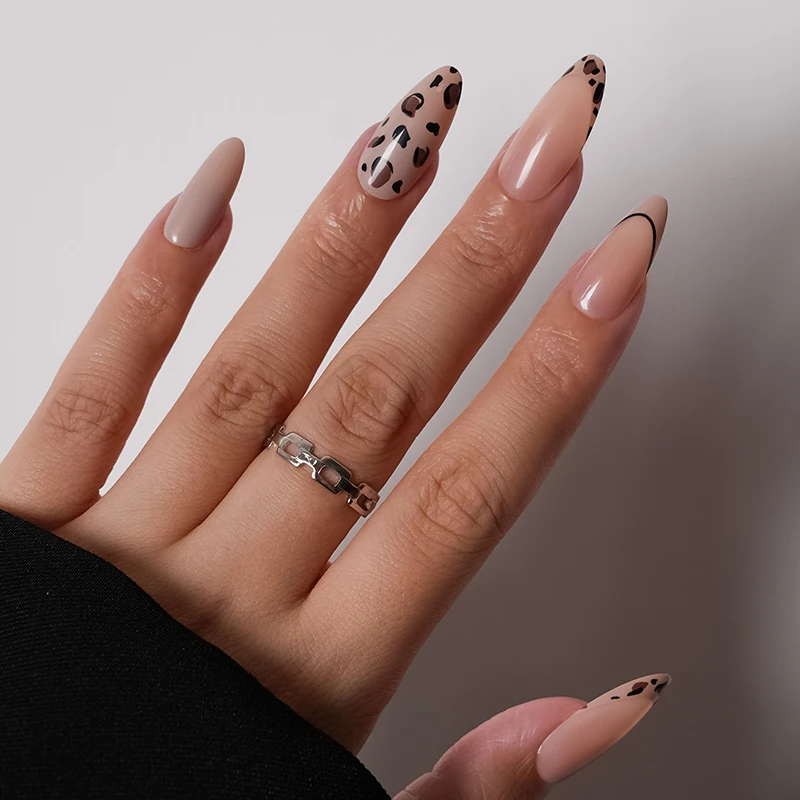 24 pçs unhas falsas elegante arte diária do prego para outono inverno médio amêndoa francês leopardo prego conjunto completo unhas falsas imprensa em unhas