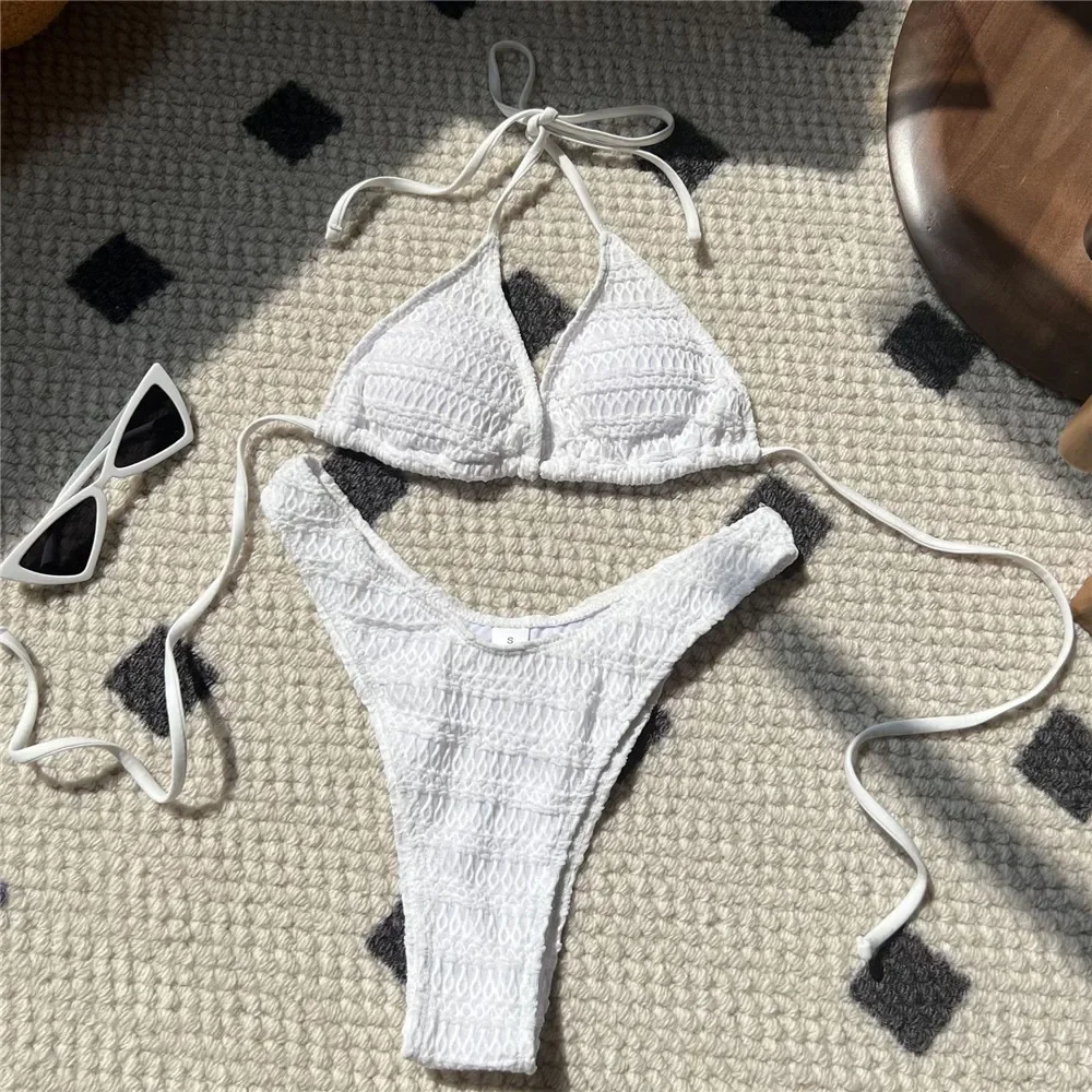 Solid White Swimwear Triangle Halter String Bikini Micro Mini Thong Sexy Swimsuit Women 2025 Drawstring Low Waist Bather Bikinis