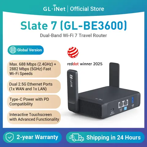 GL.iNet GL-BE3600( Slate 7) Wi-Fi 7 Router, Dual 2.5G Ports, Touch Screen,  3570Mbps Gaming Hotspot, VPN for Public & Hotel