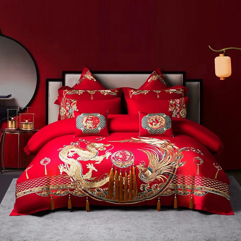 High End 140 Thread Long Staple Cotton Embroidered Four Piece Set of All Cotton Tribute Satin Festive Red Bedding