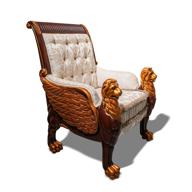 European style solid wood lion chair single person sofa study fabric leisure backrest chair villa office chair desk and chair