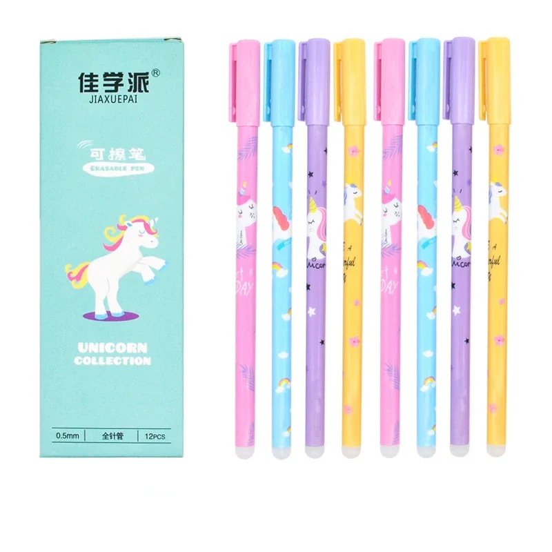 

12 шт./компл. стираемая гелевая ручка Kawaii Unicorn 0,5 мм, черные, синие гелевые чернила, офисная школьная стираемая ручка, созвездия, канцелярские принадлежности для письма