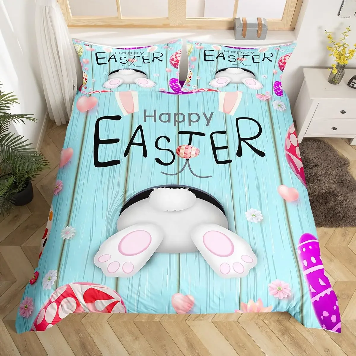 Cartoon Rabbit Duvet Cover 2/3 Pcs Easter Eggs Bedding Set,Spring Botanical Daisy Flowers Comforter Cover Twin Queen King Size