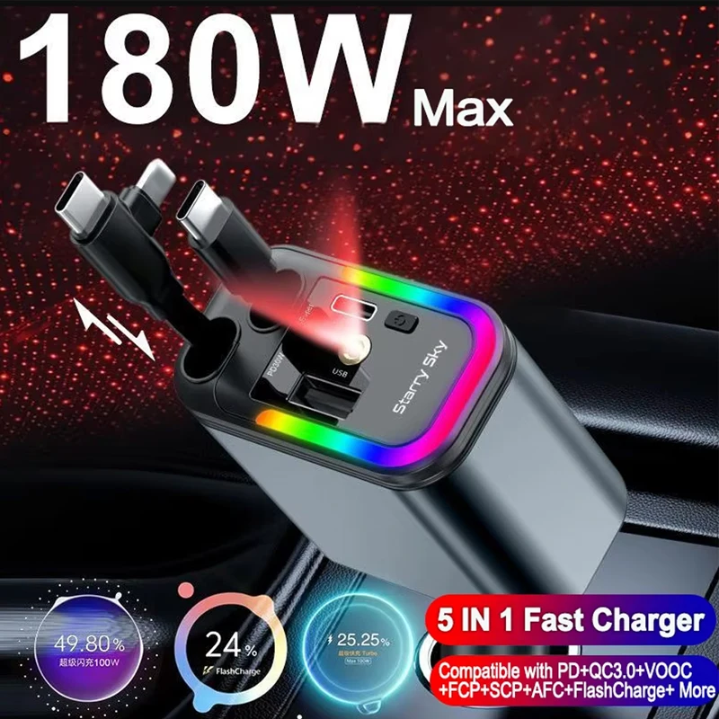 

180 Вт 5 в 1 выдвижное автомобильное зарядное устройство для телефона RGB Starry Sky Light для PD/QC3.0/SCP/VOOC/FlashCharge/AFC/FlashCharge телефоны