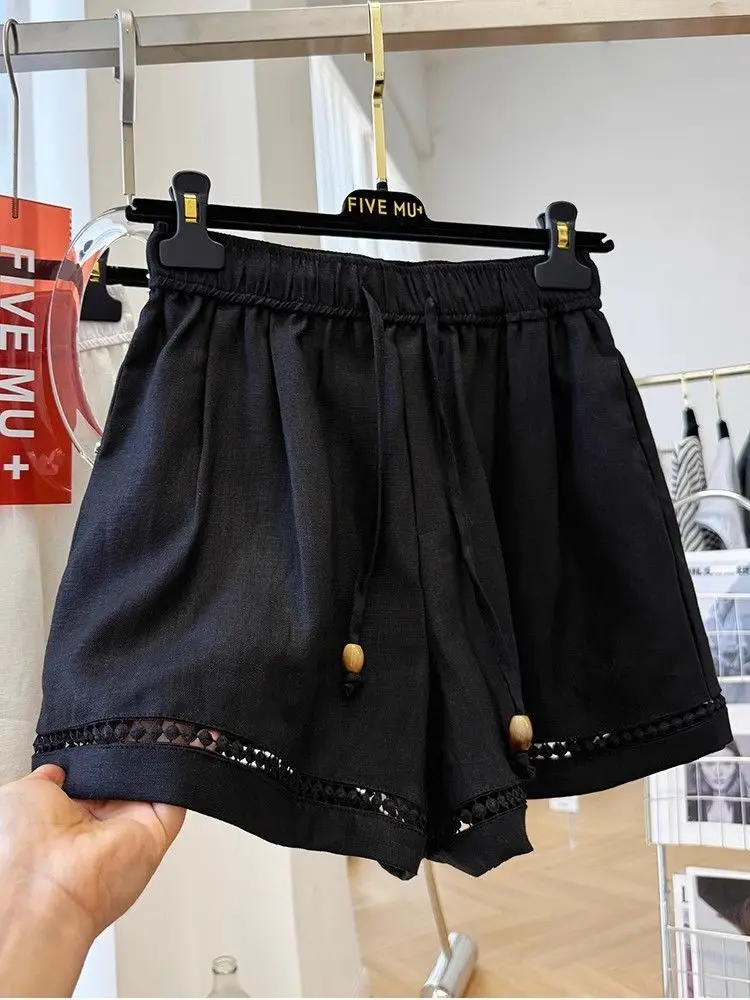 Women's Summer New Loose Drawstring Elastic Waist Lace Patchwork Palazzo Shorts