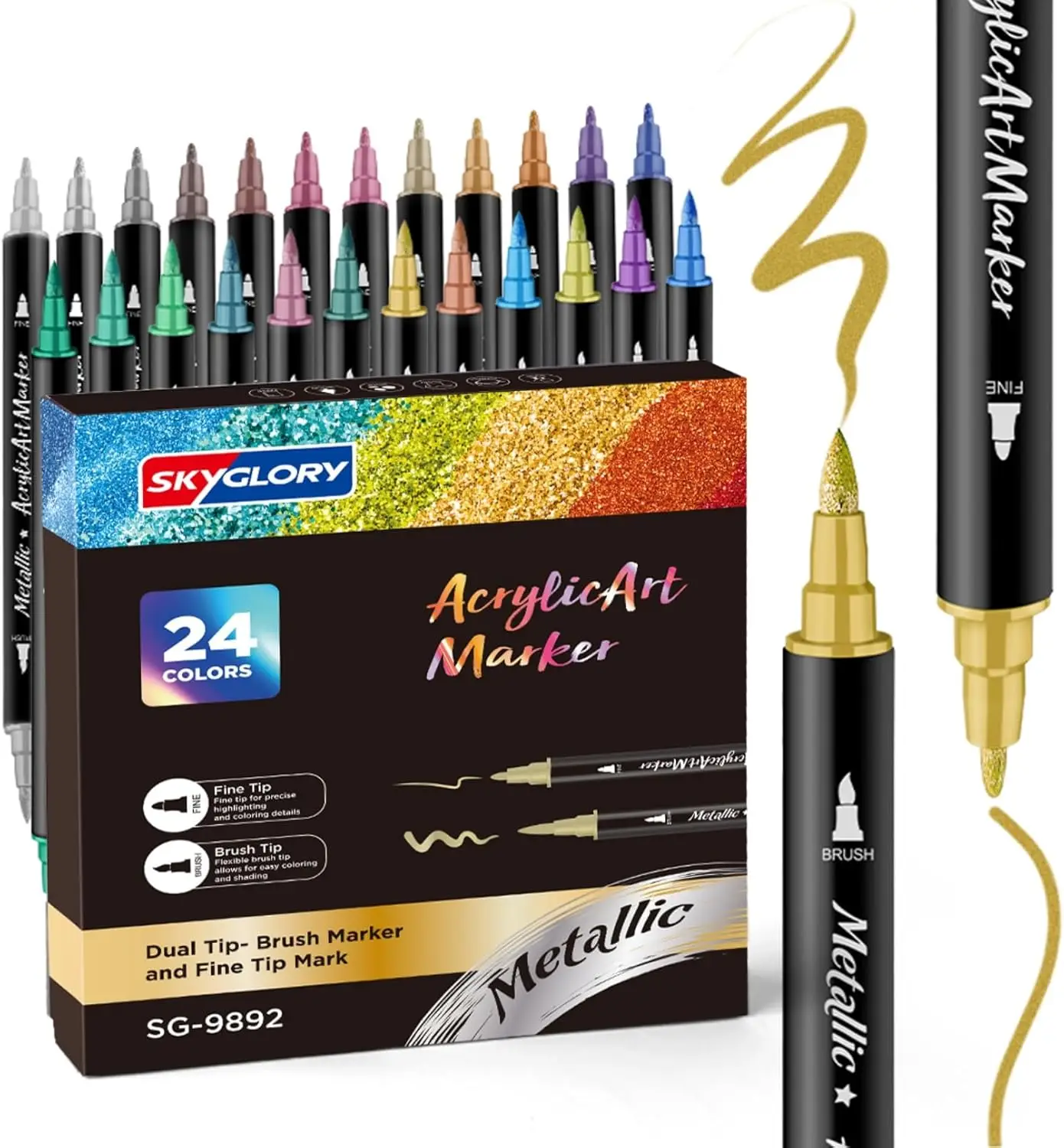

24 Dual Tip Metallic Acrylic Paint Pens for Rock Painting, Multi-Surface Art Supplies, Non-Toxic, Fine & Brush Tips