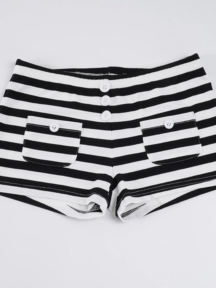 SsTss شورت مخطط منخفض الخصر على طراز الشارع الأمريكي مزين بأزرار سراويل قصيرة ضيقة غير رسمية سراويل نسائية مضلعة مرنة ساخنة
