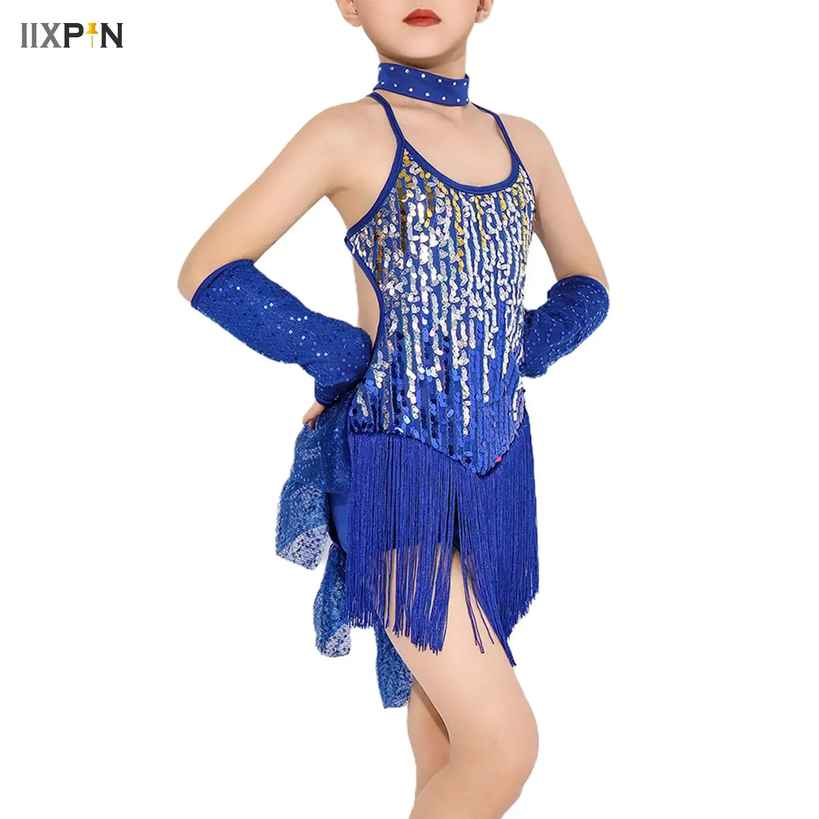 

Latin Dance Outfits Girl Diamond Tassel Professional Competition Dress+Gloves Adult Children Stage Cha Cha Salsa Tango Costume