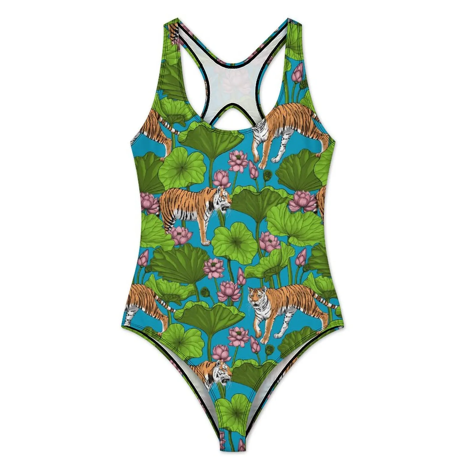 Pink Water Lily Print Swimsuit Sexy Tigers Women Swimwear One-Piece Trendy Swimsuits Vacation Push Up Sleeveless Bathing Suits