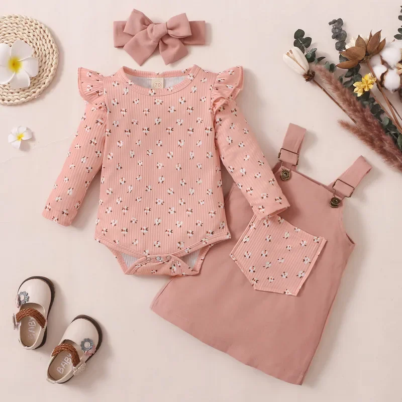 

Newborn Baby Girl Skirt Sets Autumn Clothes Outfits Long Sleeve Bodysuit and Pocket Suspender Skirt with Headband Baby Items