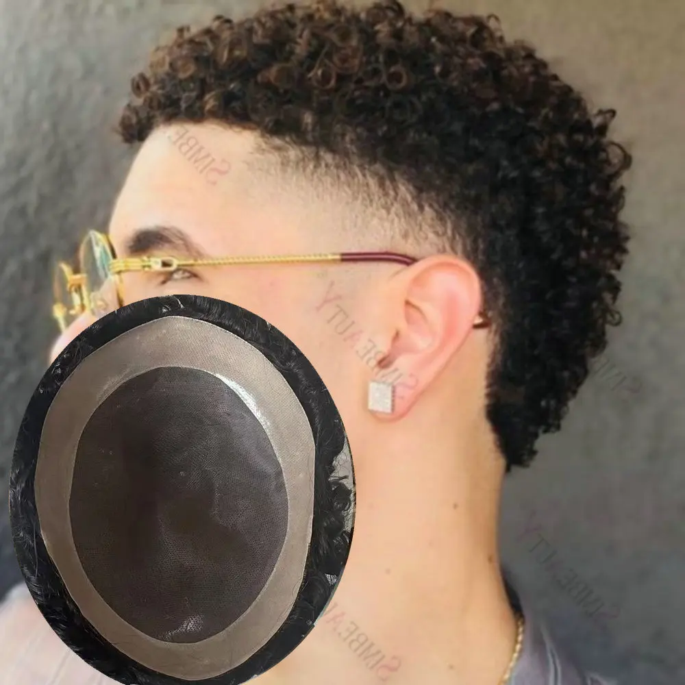 8mm/10mm/12mm Afro Toupee Man Kinky Curly Super Durable Mono Lace with NPU Around Base Human Hair Capillary Prosthesis for Men