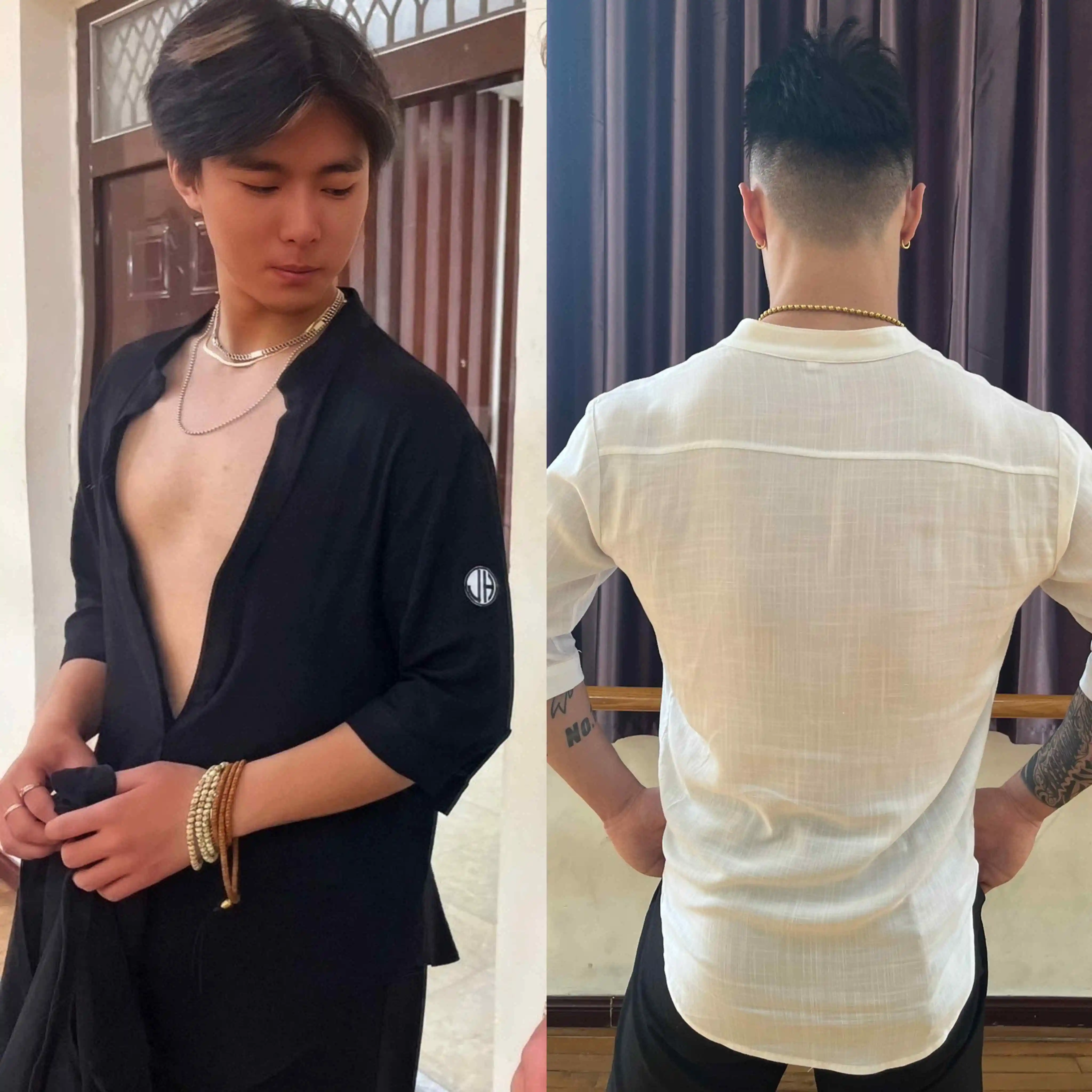 

Мужские топы для латиноамериканских танцев, черно-белая рубашка с короткими рукавами и глубоким вырезом, одежда для занятий танцами румба, ча-ча, DNV25501