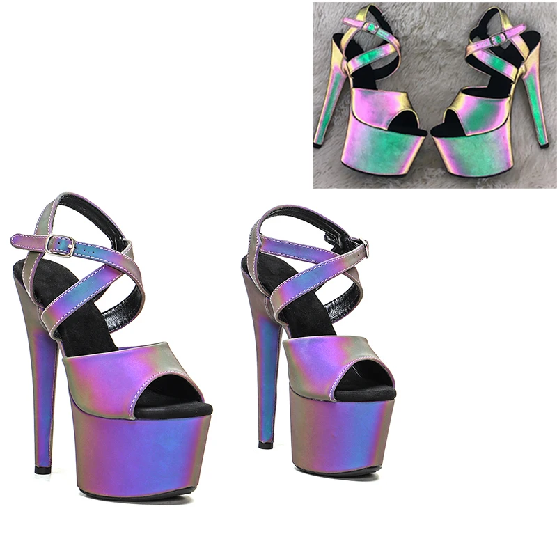 

Leecabe 17CM/7inch Night light holographic PU Sandals Pole Dancing Shoes High Heels Shoes Nightclub Dance Shoes 1B