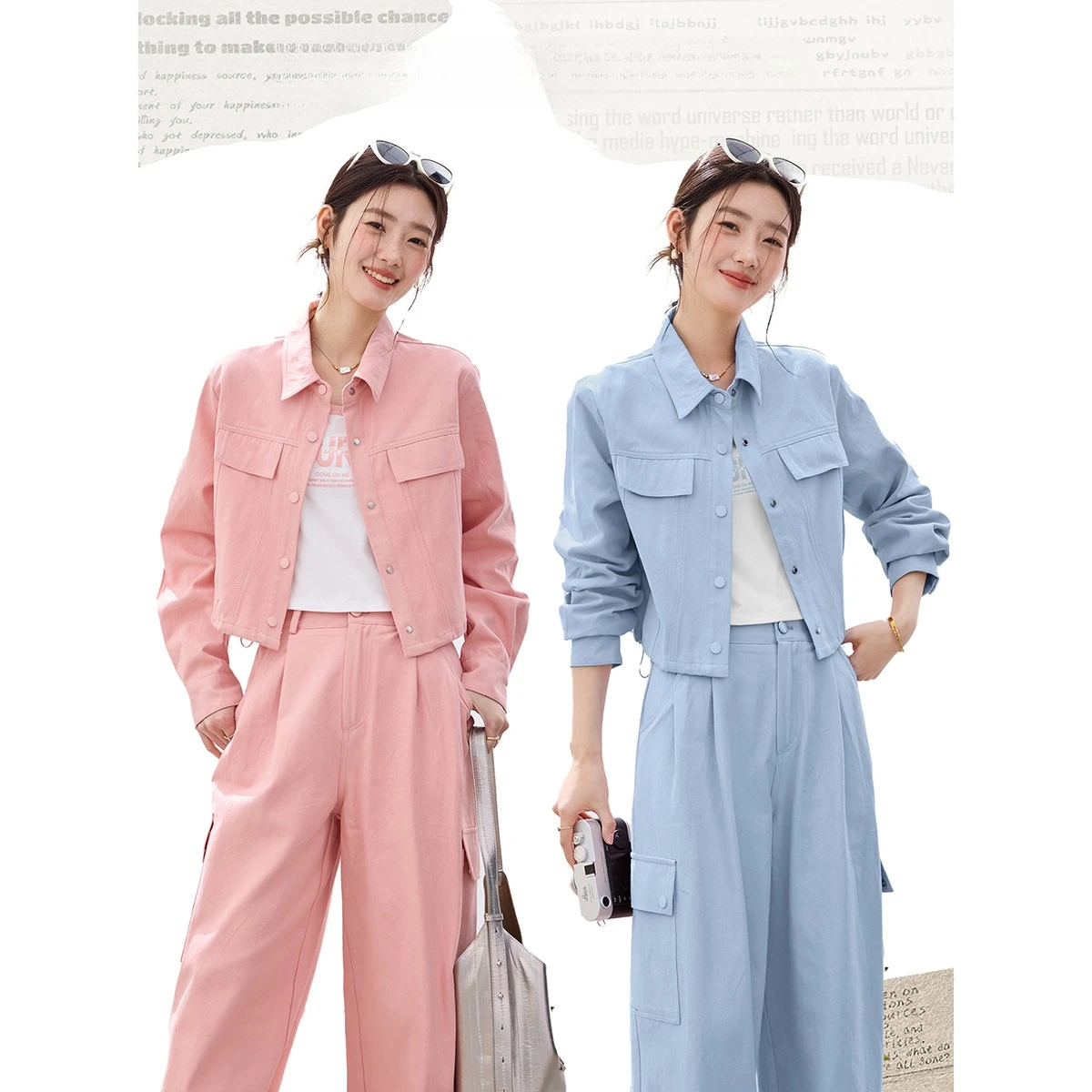 VIMLY Women's 3 Piece Set 2026 Spring New Utility Cargo Style Printed Tank Top Cropped Jacket straight pants Women's suit 30789 - view 3