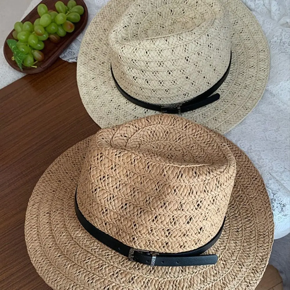 Fashion Hollow Hollow Straw Hat Jazz Wide Brim Western Cowboy Hat Leather Buckle Sunscreen Visor Cap Unisex