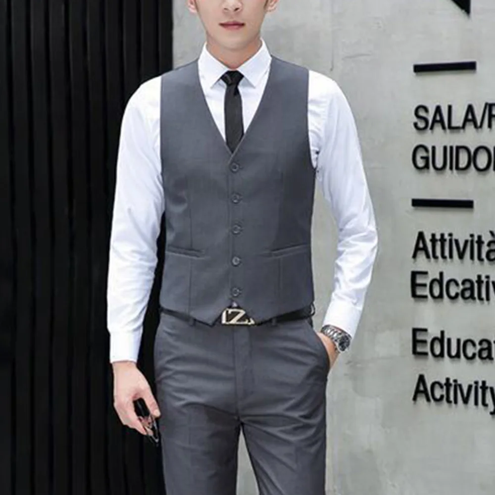 2023Men Formal Vest Sleeveless Pockets Single-Breasted Male Suit Vest Solid Color Men Business Wedding Vest 조끼 ropa hombre жилет