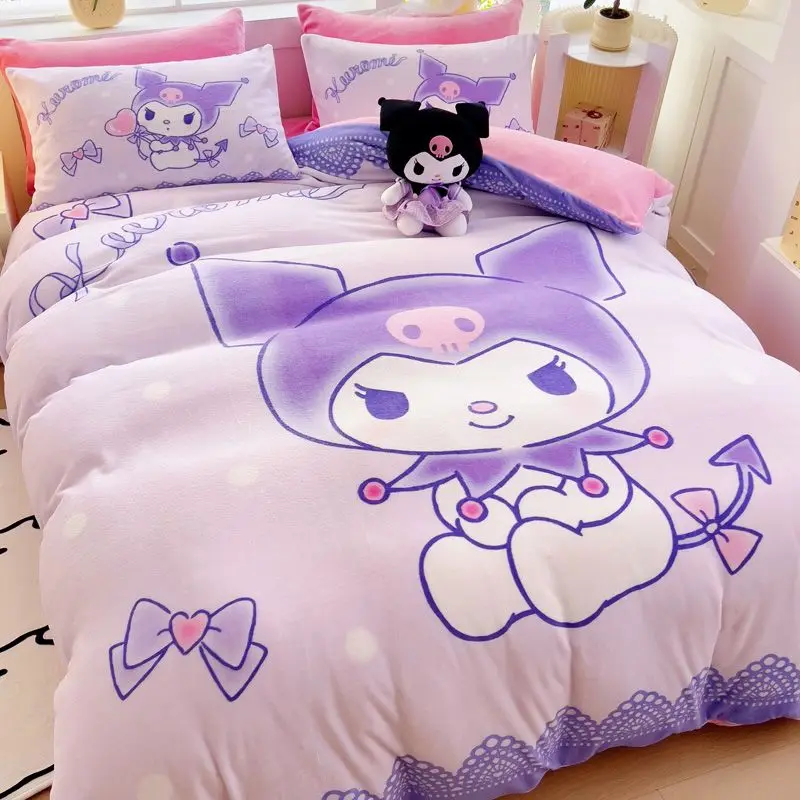 Новый Hello Kitty My Melody Cinnamoroll с мультяшным принтом, осенне-зимний комплект простыни и пододеяльника для спальни в общежитии