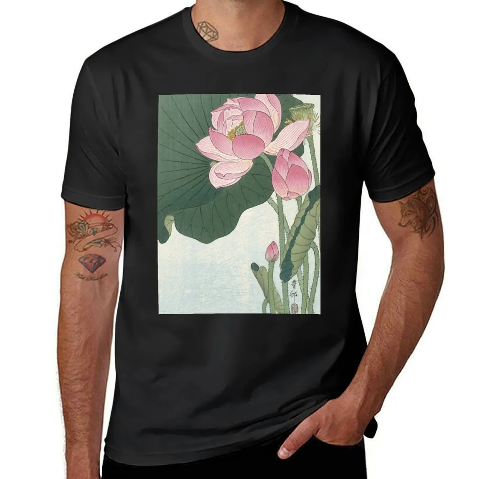 

Lotus Flower - Japanese Block Print T-Shirt Short sleeve tee funnys big and tall t shirts for men