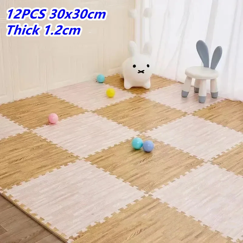 Wood Play Mats 12PCS 30x30cm Wood Activities Mat for Baby Mats Thick 1.2cm Tatame Playroom Mat Floor Noise Mat Puzzle Foot Mat