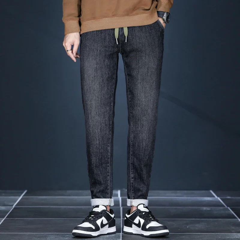 Merk heren nieuwe herfst jeans zwart grijs stretch slanke rechte denim broek trendy merk streetwear mode knappe mannen broek