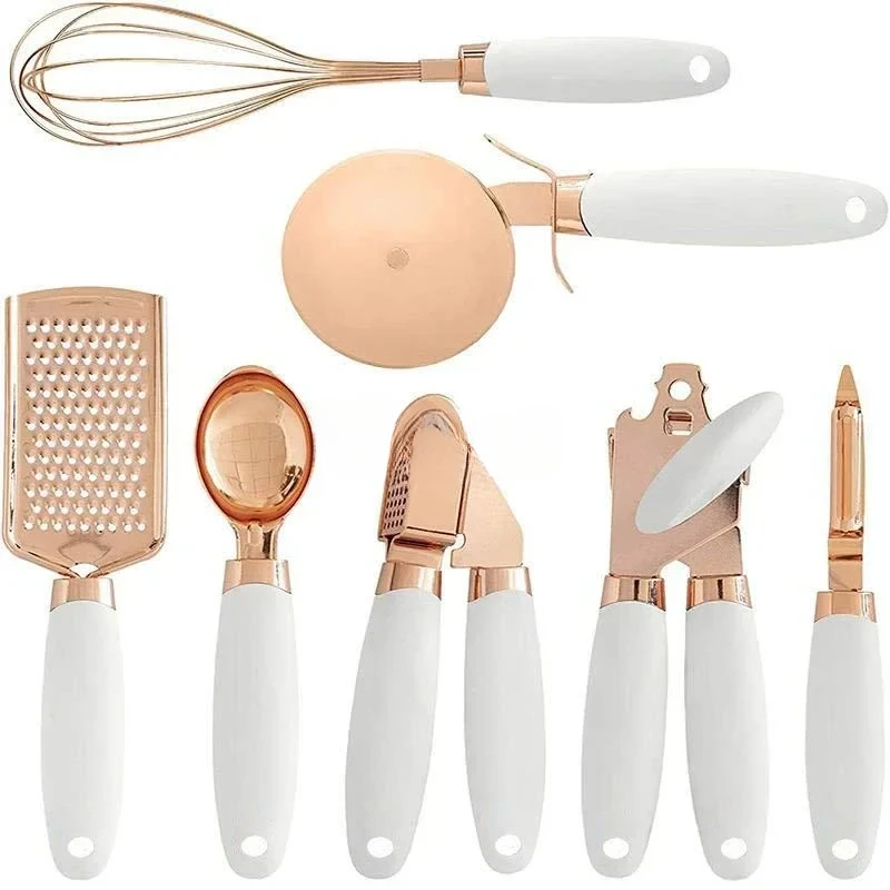 Trinket Tools Accessories Gadgets Garlic Press Grater Kitchen 7-Piece Set Rose Gold Baking Whisk Egg Mix Tool
