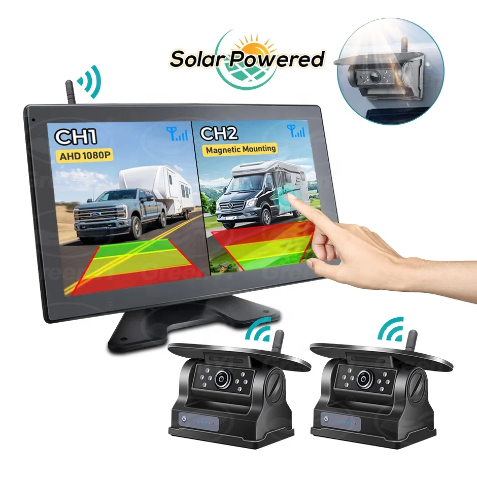 

4 Magnetic Solar Charging Wireless Backup Camera with 10in DVR Monitor BSD Blind Spot Alarm for Trucks/RV/Trailer/Forklift