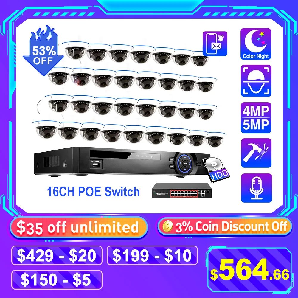 

Techage 32CH 4MP 5MP POE Security Camera System Vandalproof IP Camera Audio Record Face Detection H.265 CCTV Video Surveillance