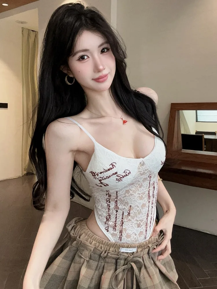 

Pure Desire Letter Print Lace Trim Tank Top Women's Rer with Chest Pad Spring Summer Plaid Skirt Set Sweet Sle Slim Fit