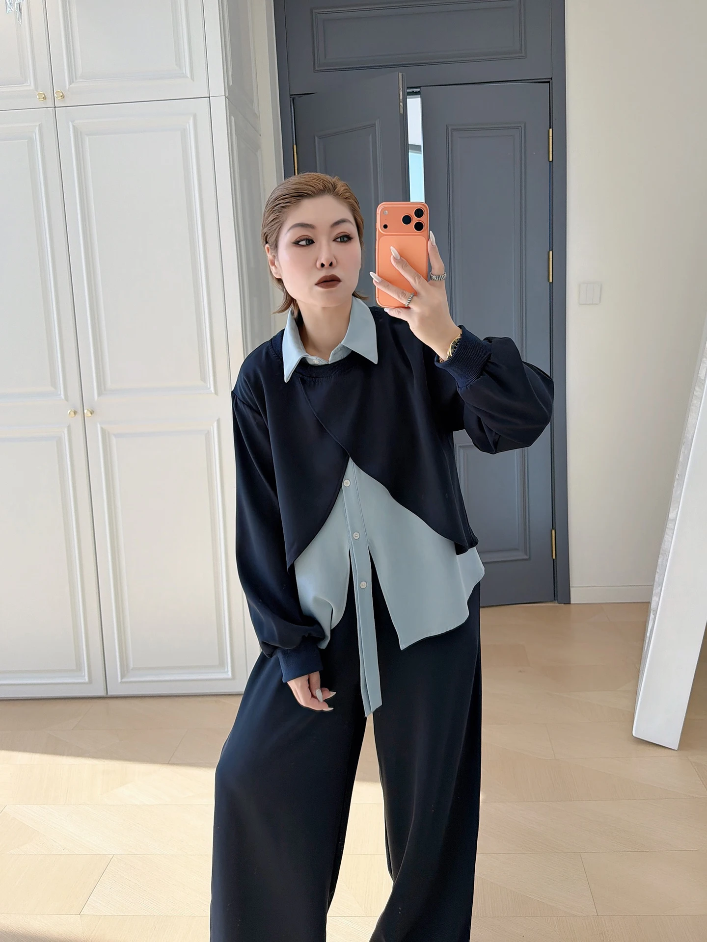 

Комплект женской одежды больших размеров: рубашка с асимметричным подолом в стиле колор-блок и брюки с высокой талией, повседневный корейский стиль, модный комплект с длинными рукавами