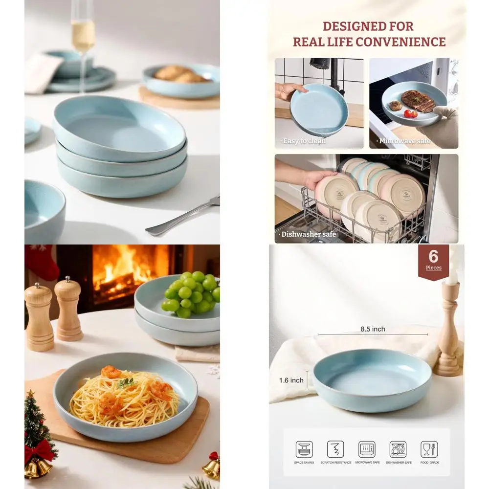 

Набор из 6 светло-голубых мисок для пасты и салатов, идеально подходящих для подарков на новоселье, День благодарения и Рождество.