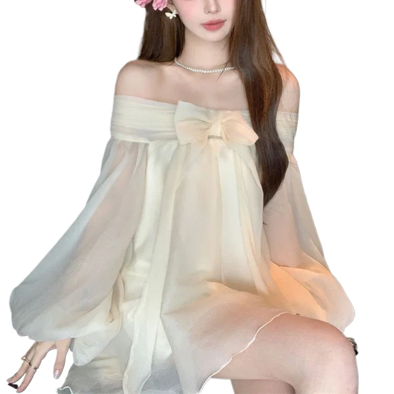

Women Sexy Off Shoulder Bow Cute Sweet Harajuku Fairy Mini Dress Y2K Korean Solid Long Sleeve Loose Irregular Dresses Vestidos