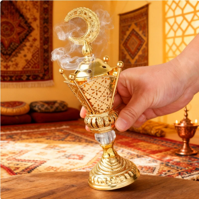 Arabic Style Golden Iron Incense Burner with Lid Traditional Bakhoor Censer for Charcoal Aromatherapy Home Decor