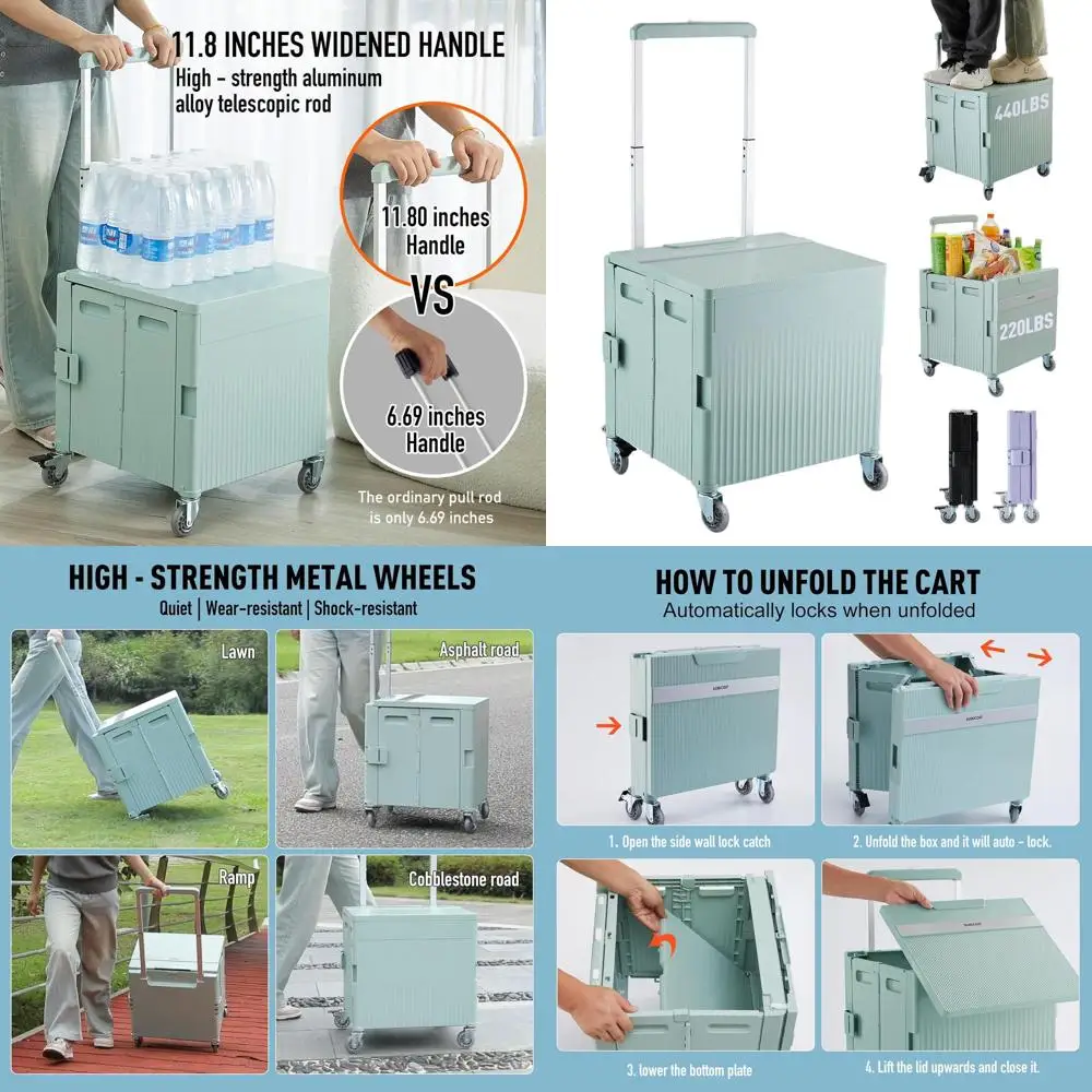 

Портативная тележка на колесах с откидной крышкой, вращающимися колесами для покупок, офиса и кемпинга (зеленая)
