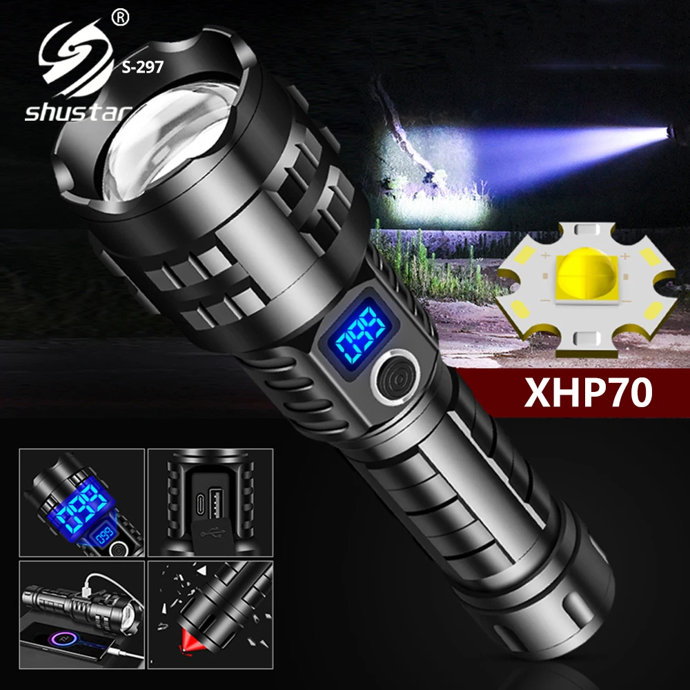 

XHP70 LED Flashlight Zoom Camping Fishing Torch High Power Waterproof Lantern USB Rechargeable 26650 Lights with Tail Hammer