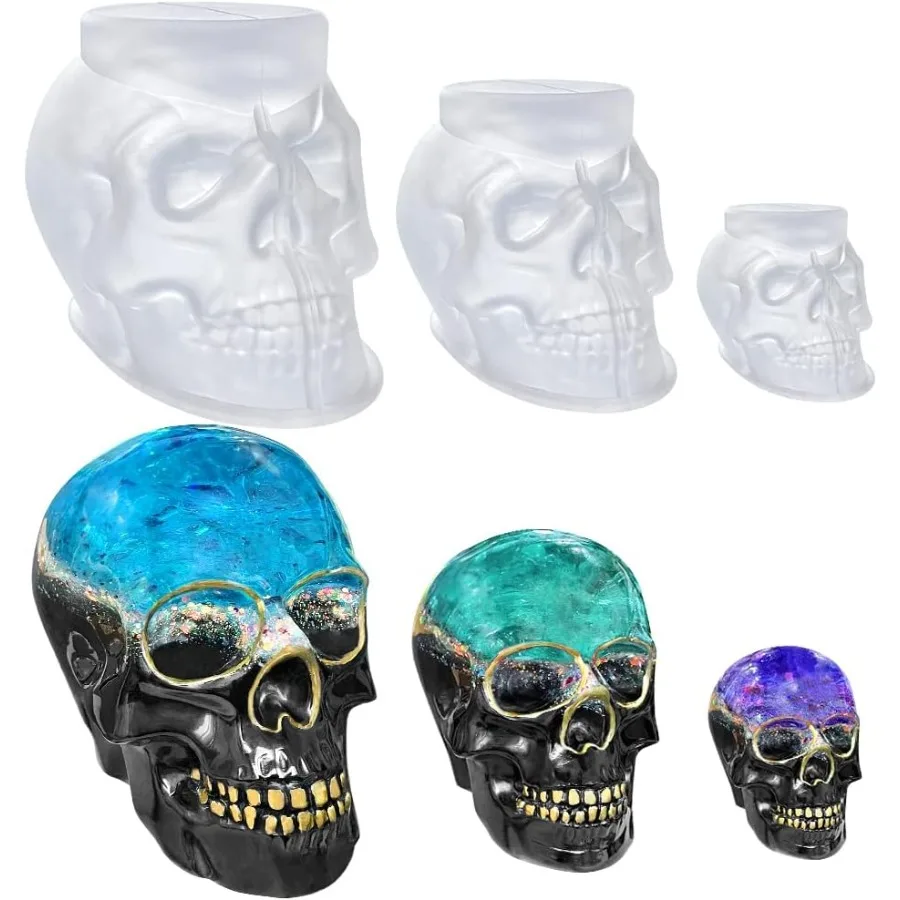 Large Medium Small 3D Skull Resin Mold Set, Flexible Transparent Silicone Skull Mold, Silicone Mold for Resin, Soap, Clay, Candle Wax, Halloween Home Decoration Mold